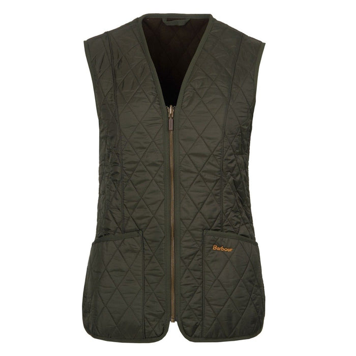 Olive green Barbour Betty quilted fleece-lined gilet with a zip front, deep patch pockets, and contrast logo embroidery.