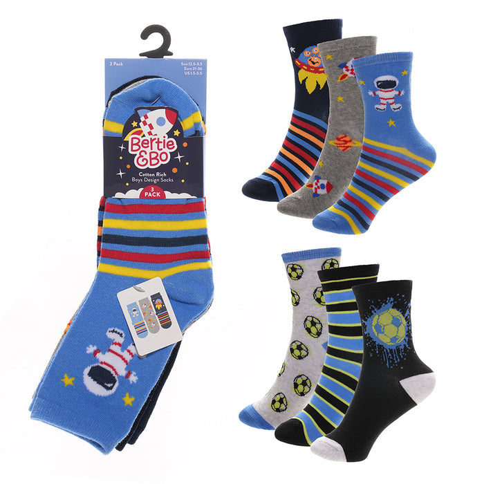 Boys 3pk Socks - Football/Aerospace Design (PK12) (6-3.5) SK1403