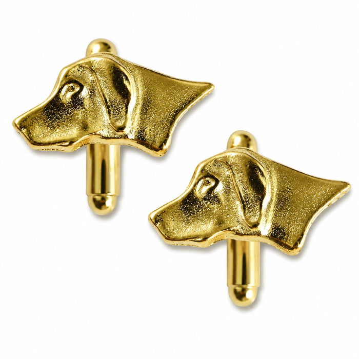 Pair of polished brass Labrador retriever head cufflinks with intricate detailing and a classic toggle closure.
