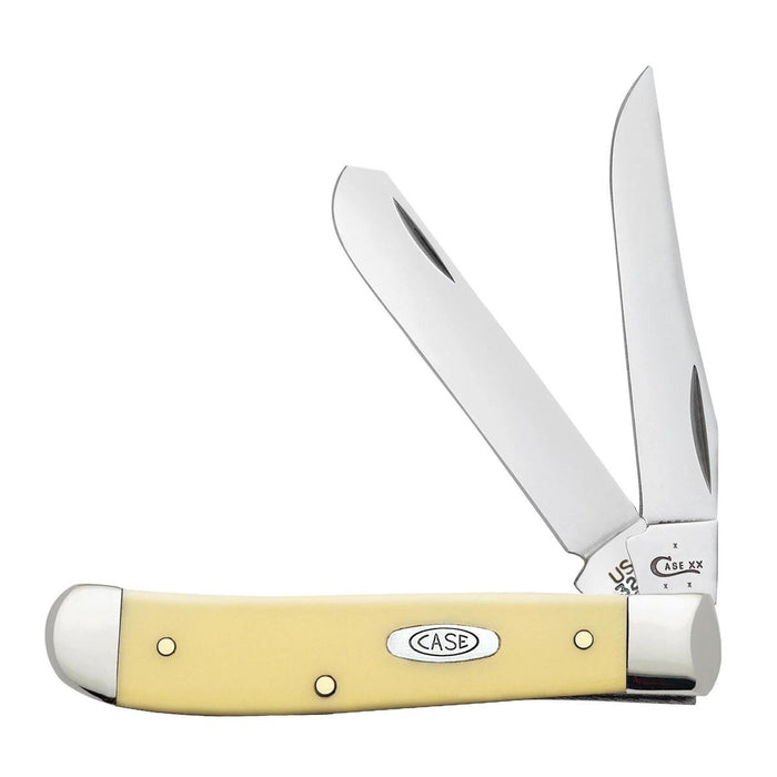 Case Mini Trapper knife with a yellow synthetic handle and two open carbon steel blades against a white background.