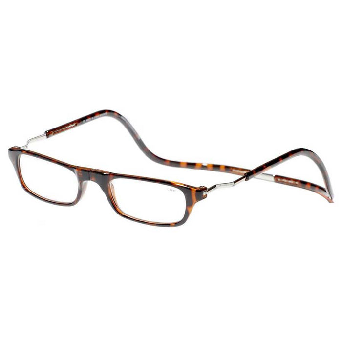 Tortoise shell CliC expandable reading glasses with a wide frame and magnetic front connection for secure wear.