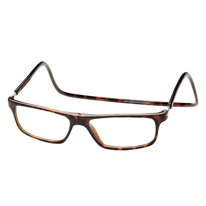 CliC reading glasses in a tortoise shell frame with a patented front magnetic closure and adjustable wrap-around headband.