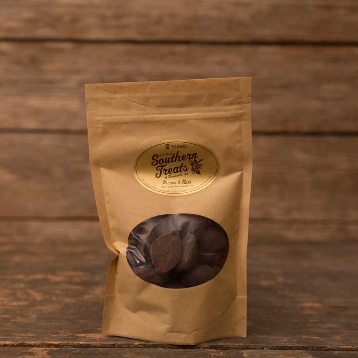 8 oz bag of dark chocolate-covered pecans in a kraft paper pouch with a clear window and Southern Treats label.