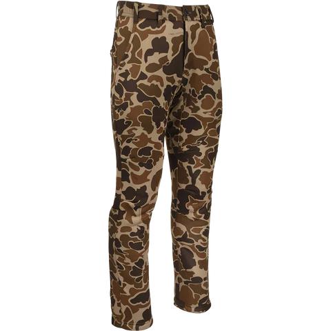 Drake MST Ultimate Wader Pants in brown camouflage pattern featuring 4-way stretch fabric and articulated knees.