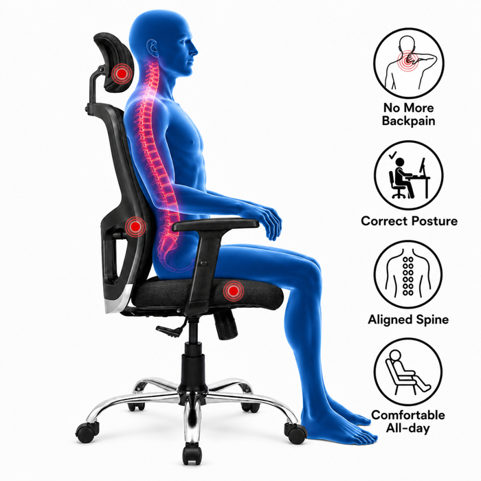 Executive High Back Ergonomic Mesh Office Chair with Adjustable Headrest, Fabric Seat, Lumbar Support, Tilt Mechanism & Chrome Base for Office