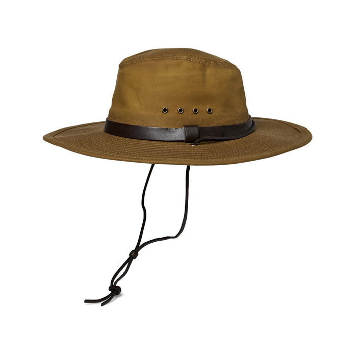 Dark tan Filson Tin Cloth bush hat with a leather band, ventilation grommets, and an adjustable chin strap.