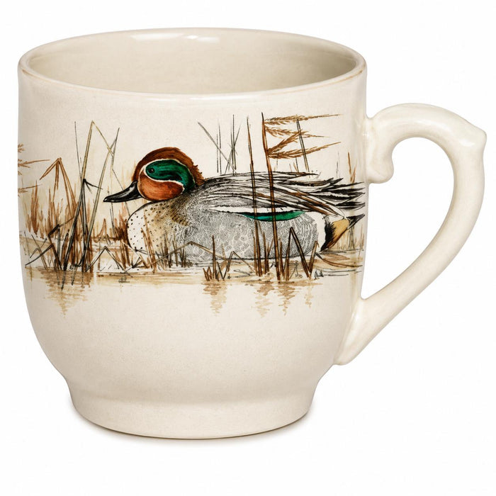 Handcrafted cream china tea cup featuring a detailed duck illustration in a marsh setting, 8.5 oz capacity.