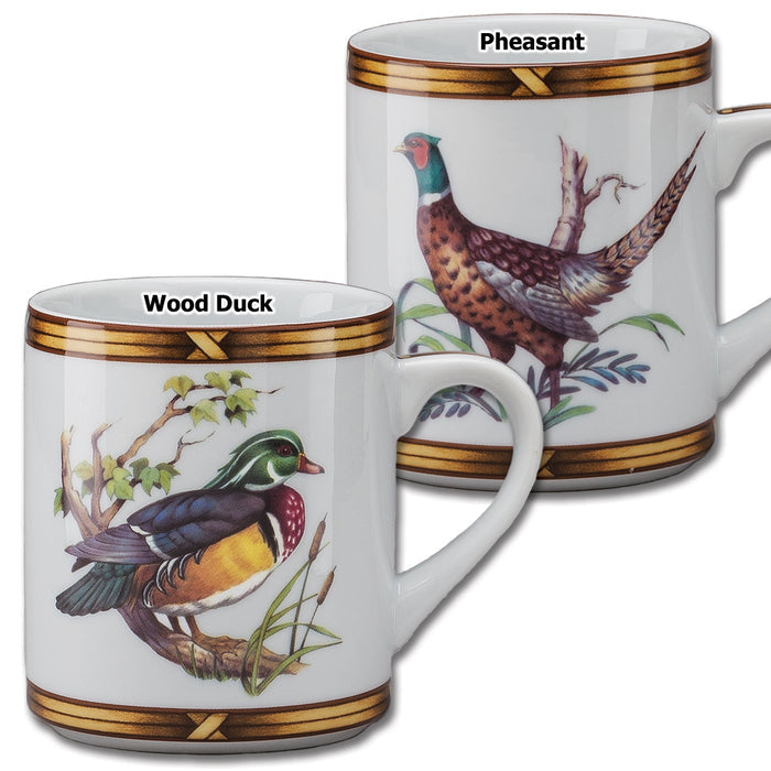 Two 10 oz. porcelain mugs featuring detailed pheasant and wood duck illustrations with elegant gold-tone trim.