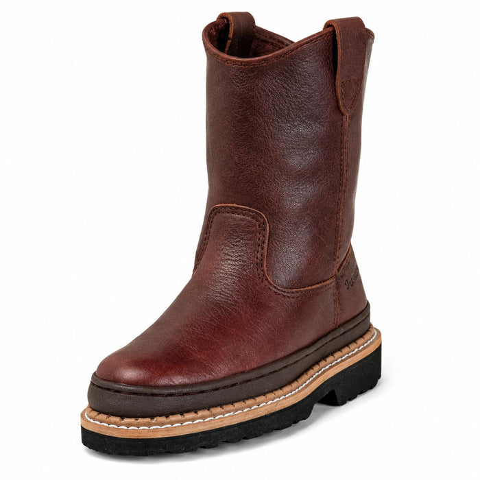 Georgia Little Hunter brown leather pull-on boots with a durable oil-resistant rubber brush guard and thick lug sole.