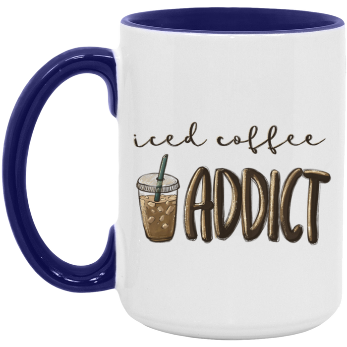 Iced Coffee Addict 15 oz ceramic coffee mug in White/Midnight Blue