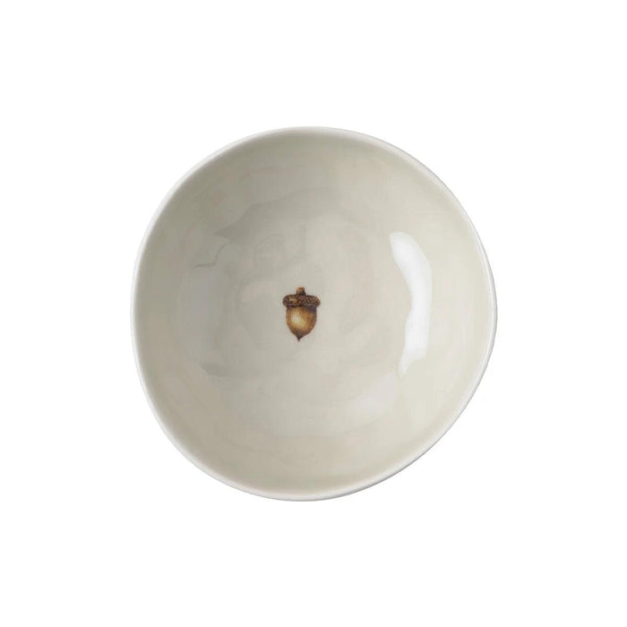 Cream-colored ceramic stoneware bowl with a central acorn motif, 5.5-inch diameter, elegant rustic design.