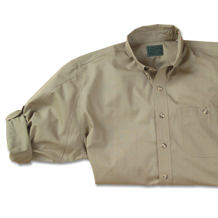 Tan featherweight cotton poplin long sleeve field shirt with horn buttons and roll-up sleeve tabs.