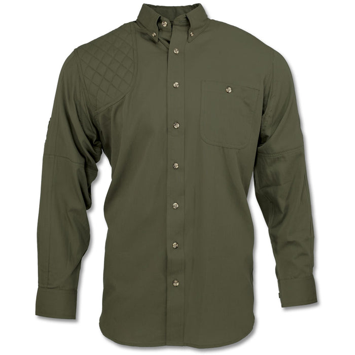Olive green long-sleeve cotton shooting shirt with a quilted right-hand recoil pad pocket and classic horn buttons.