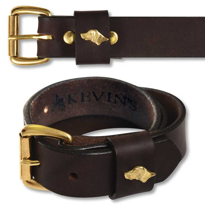 Dark brown bridle leather belt with a brass roller buckle and a gold Labrador head detail, 1.25 inches wide.
