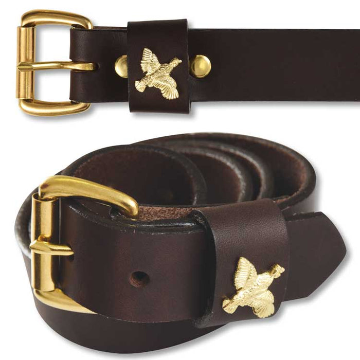 Dark brown bridle leather belt featuring a brass buckle and a decorative brass quail emblem on the leather keeper.