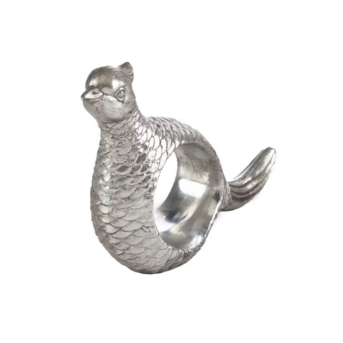 Silver hand-carved resin napkin ring featuring an intricate, lifelike pheasant design for elegant table settings.