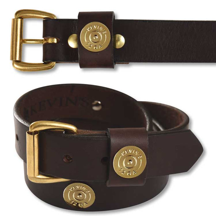 Brown bridle leather belt with brass roller buckle and decorative brass 12-gauge shotshell accents.