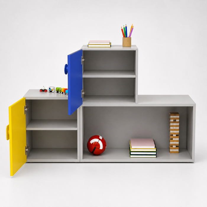 Kids Storage Cabinet in White with Yellow & Blue Doors, Open Shelf Organizer for Kids Bedroom, Nursery, Playroom & Study Area