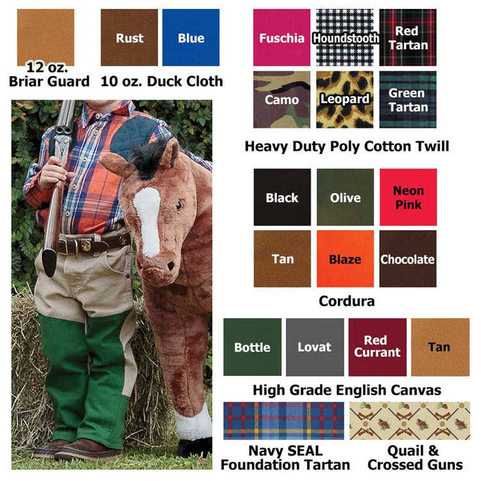 Boy wearing Wrangler Cowboy Cut jeans with green briar-proof facing, surrounded by various fabric color and pattern swatches.