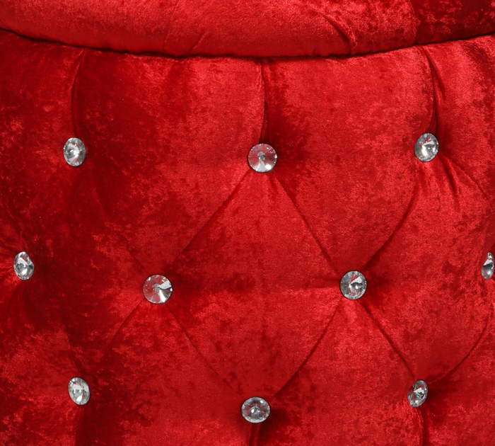 Luxury Red Velvet Round Ottoman with Storage and Crystal Buttons, Extra Seating for Living Room