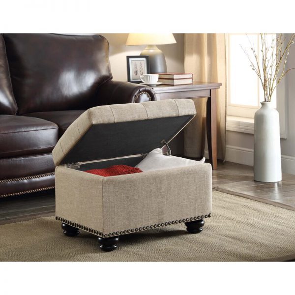 Ottoman Solid-Wood with Faux Leather Upholstery, Hinged Storage Seat, Elegant Bun Feet, Stylish Accent