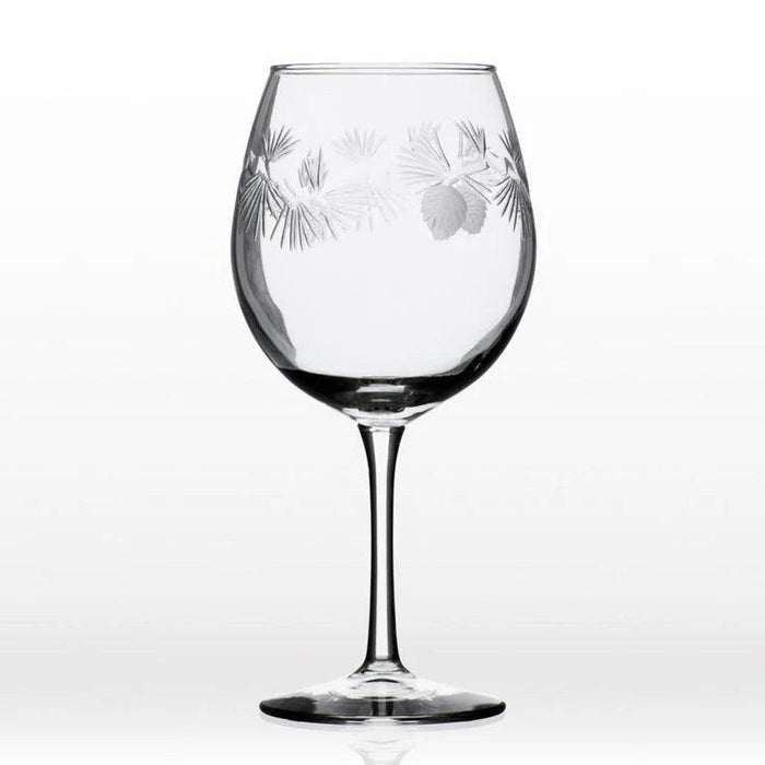 18 oz clear wine glass with deep-etched pine needle and frosted pinecone design, 9 inches tall.