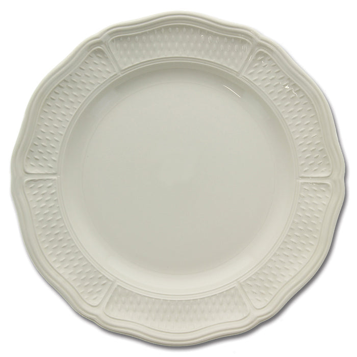White Gien Pont Aux Choux charger plate with a scalloped edge and textured 19th-century embossed rim, 12 3/4 inches.