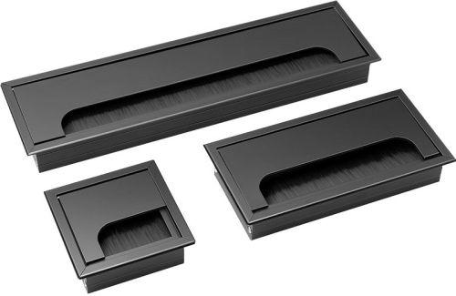 Premium Matte Black Aluminium Desk Cable Grommets – Professional Flip-Top Wire Organizer with Brush Strip