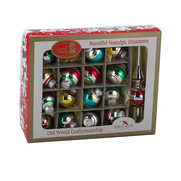 Retro Striped Silver 1" Ball Ornaments and Tree Topper (Set of 16)