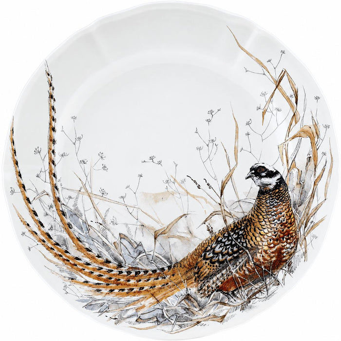 Gien Sologne white porcelain dessert plate featuring a detailed, rustic pheasant illustration amidst tall grasses.