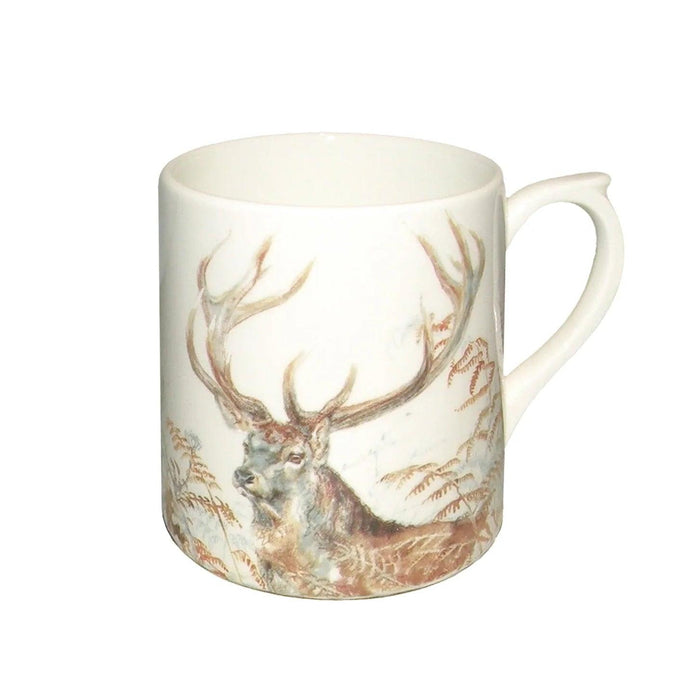 Sologne game china 10 oz mug featuring a detailed stag illustration with autumn ferns on a cream background.