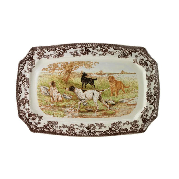 Spode Woodland rectangular platter featuring four hunting dogs in a brown floral border, 17.5 by 11.5 inches.