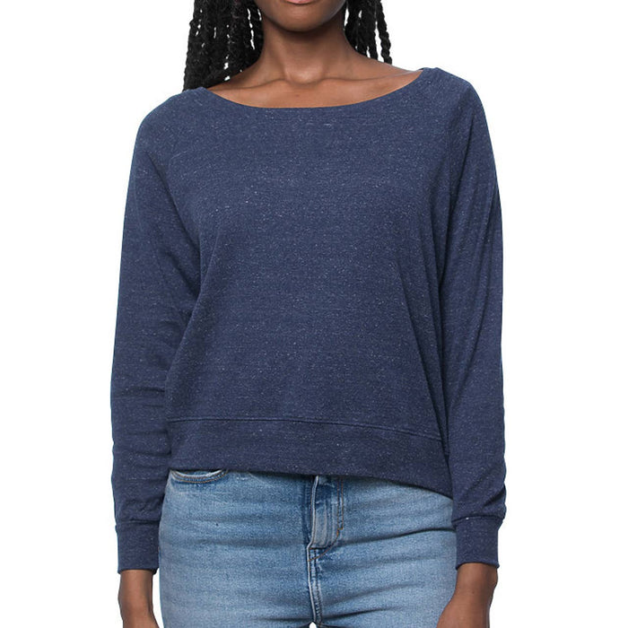 Person wearing a blue sweater and jeans on a white background.