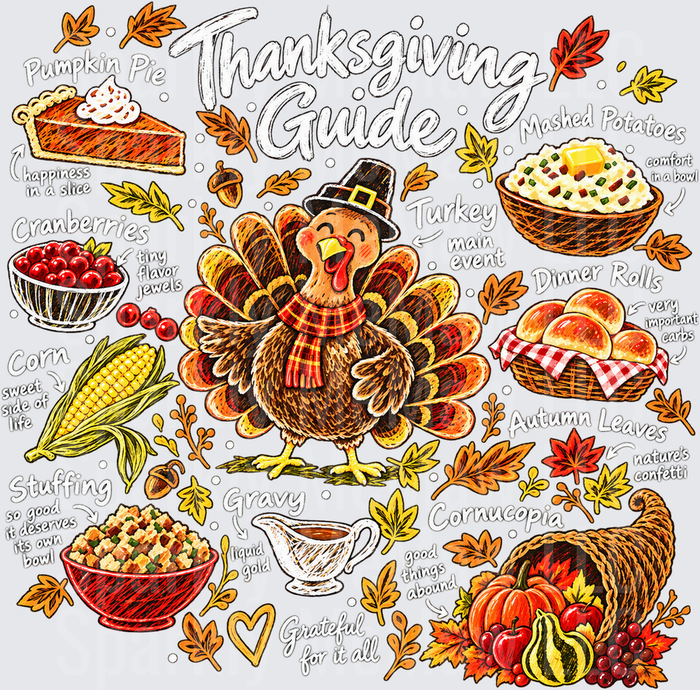 Thanksgiving Guide Illustrated Collage 10x10 UV DTF Cut and Stick Element Sheet