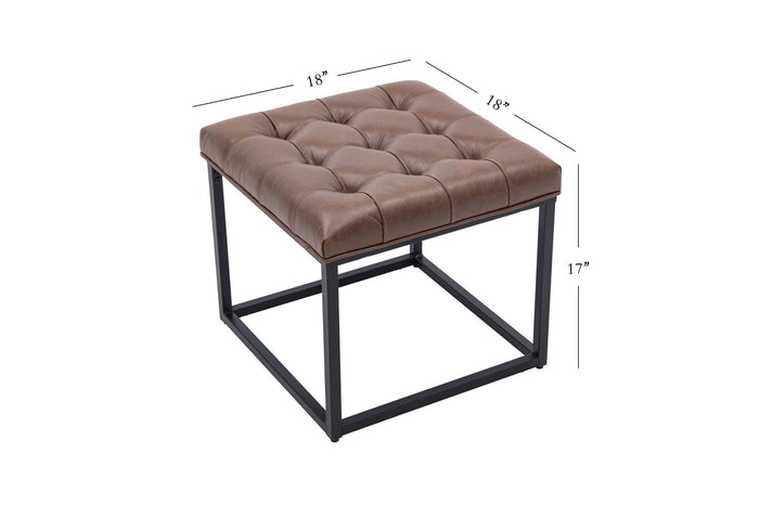 Tufted Brown Leatherette Ottoman & Pouffe with Black Metal Base - Modern Square Footrest Stool for Home