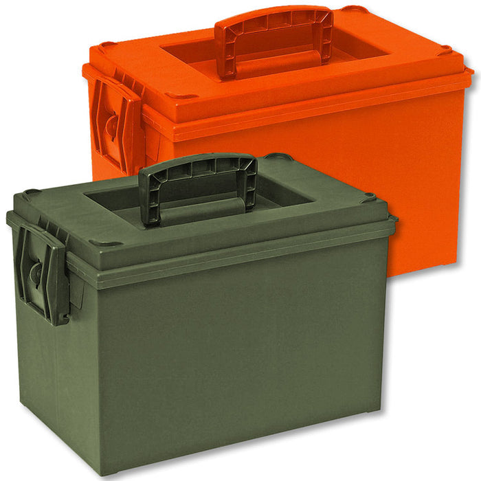 Orange and olive green heavy-duty co-polymer utility boxes with integrated carrying handles and secure latch systems.