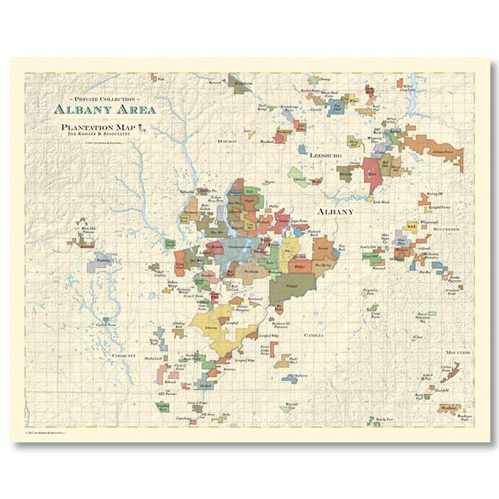 Detailed Albany Area plantation map poster featuring colorful property boundaries on a cream background.