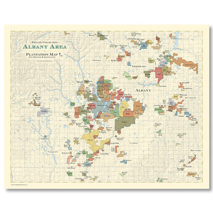 Detailed Albany Area plantation map poster featuring colorful property boundaries on a cream background.