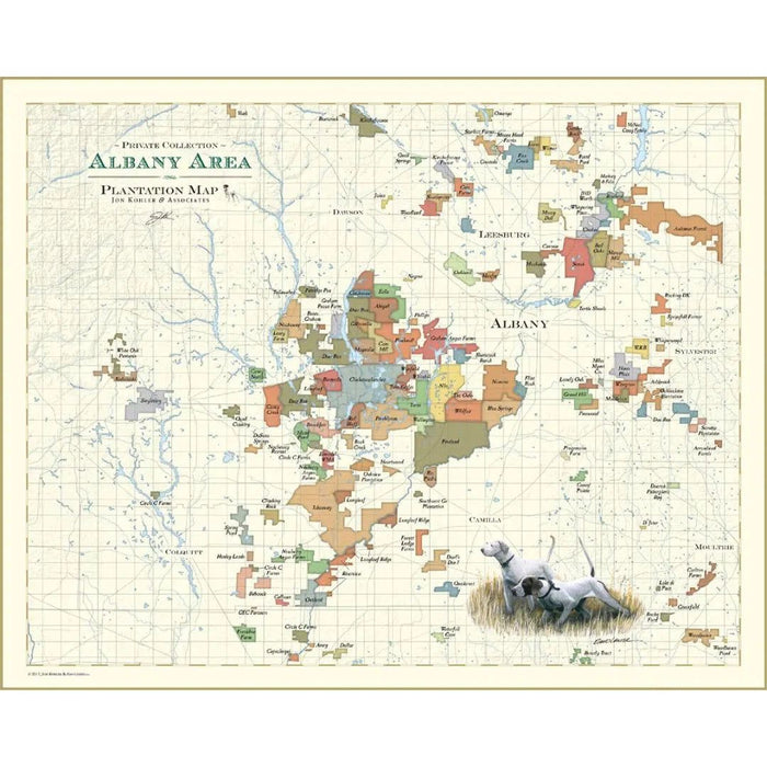 Detailed Albany Area plantation map poster featuring colorful property boundaries and a hunting dog illustration.