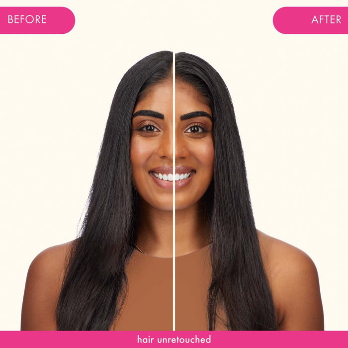 Unretouched before-and-after results on long straight hair after cleansing with Amika Reset Exfoliating Jelly Shampoo.