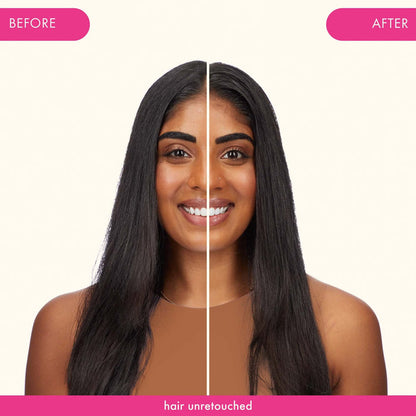 Unretouched before-and-after results on long straight hair after cleansing with Amika Reset Exfoliating Jelly Shampoo.