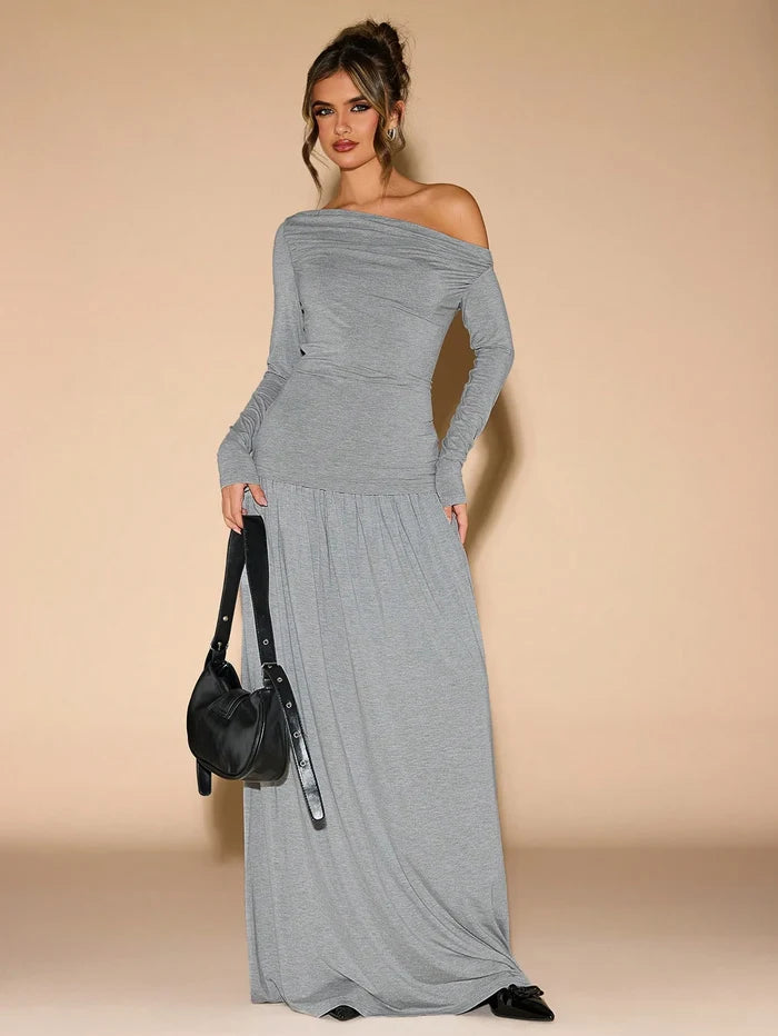 ASYMMETRIC NECK PLEATED SLIM FIT LONG SLEEVE TOP AND SKIRT