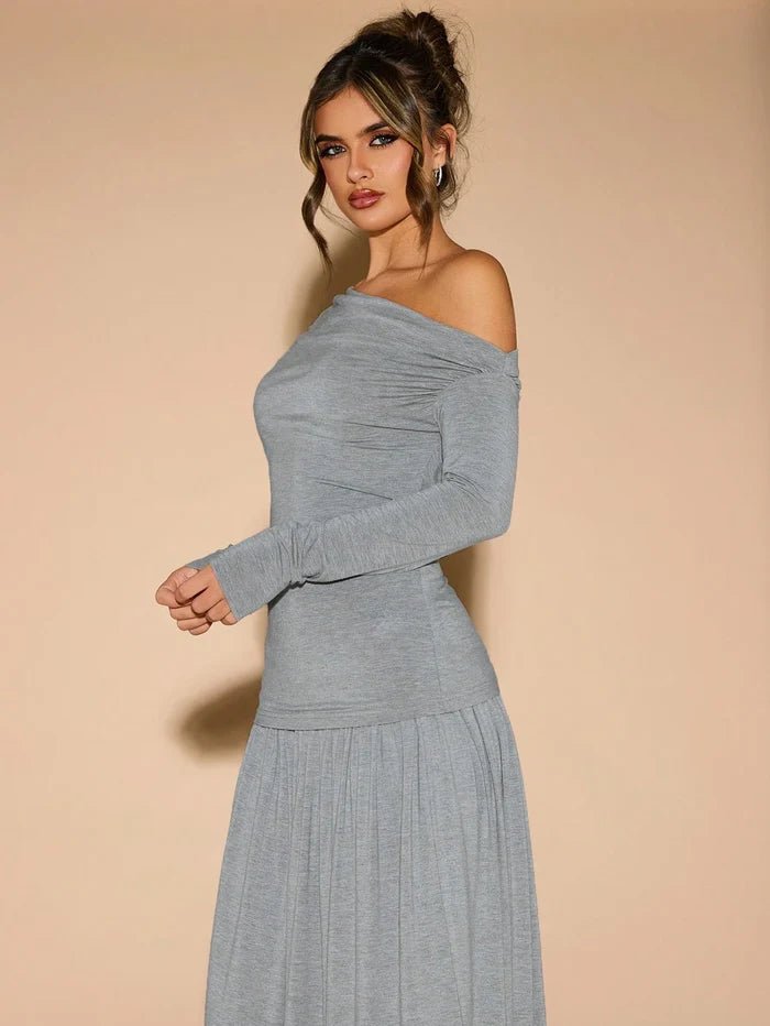 ASYMMETRIC NECK PLEATED SLIM FIT LONG SLEEVE TOP AND SKIRT