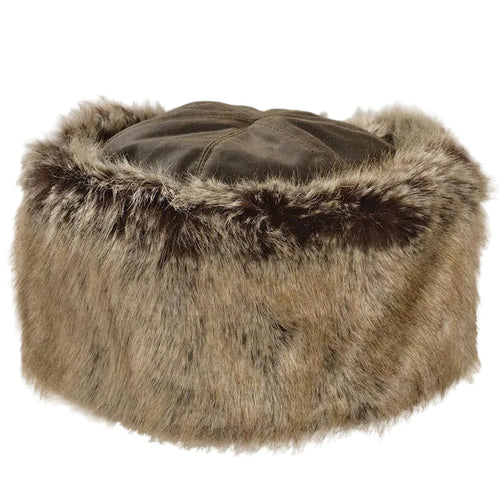 Barbour Ambush Cossack-style hat in olive waxed cotton with a thick, textured faux-fur trim and warm fleece lining.
