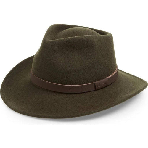 Olive green Barbour crushable wool felt bushman hat with a brown leather band and wide brim against a white background.