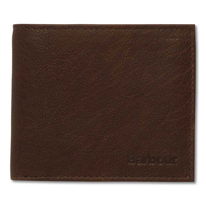 Brown Barbour Padbury leather billfold wallet with a textured finish and embossed logo on the front.