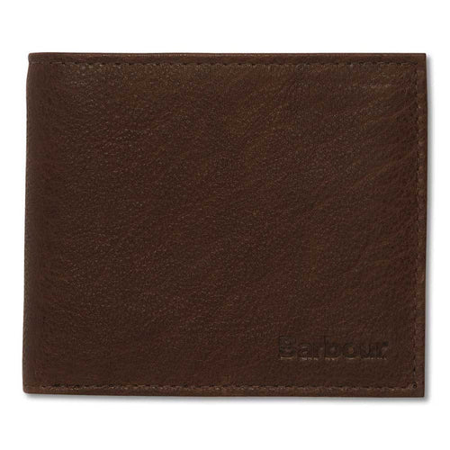 Brown Barbour Padbury leather billfold wallet with a textured finish and embossed logo on the front.