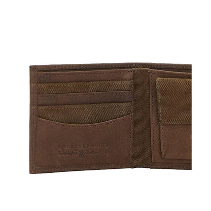 Open brown leather Barbour Padbury billfold wallet showing card slots, fabric lining, and embossed interior branding.