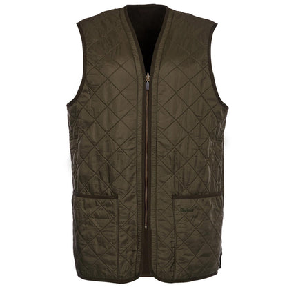 Olive green Barbour diamond-quilted nylon vest with a front zip closure, fleece lining, and two patch pockets.