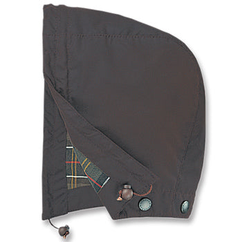 Dark brown Barbour waxed cotton detachable hood with a tartan lining, adjustable drawstring, and snap button fasteners.